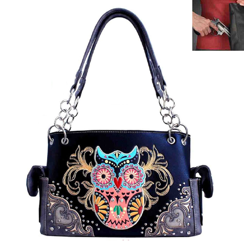 Concealed Carry Western Owl Embroidery Trifold Clutch Shoulder Bag