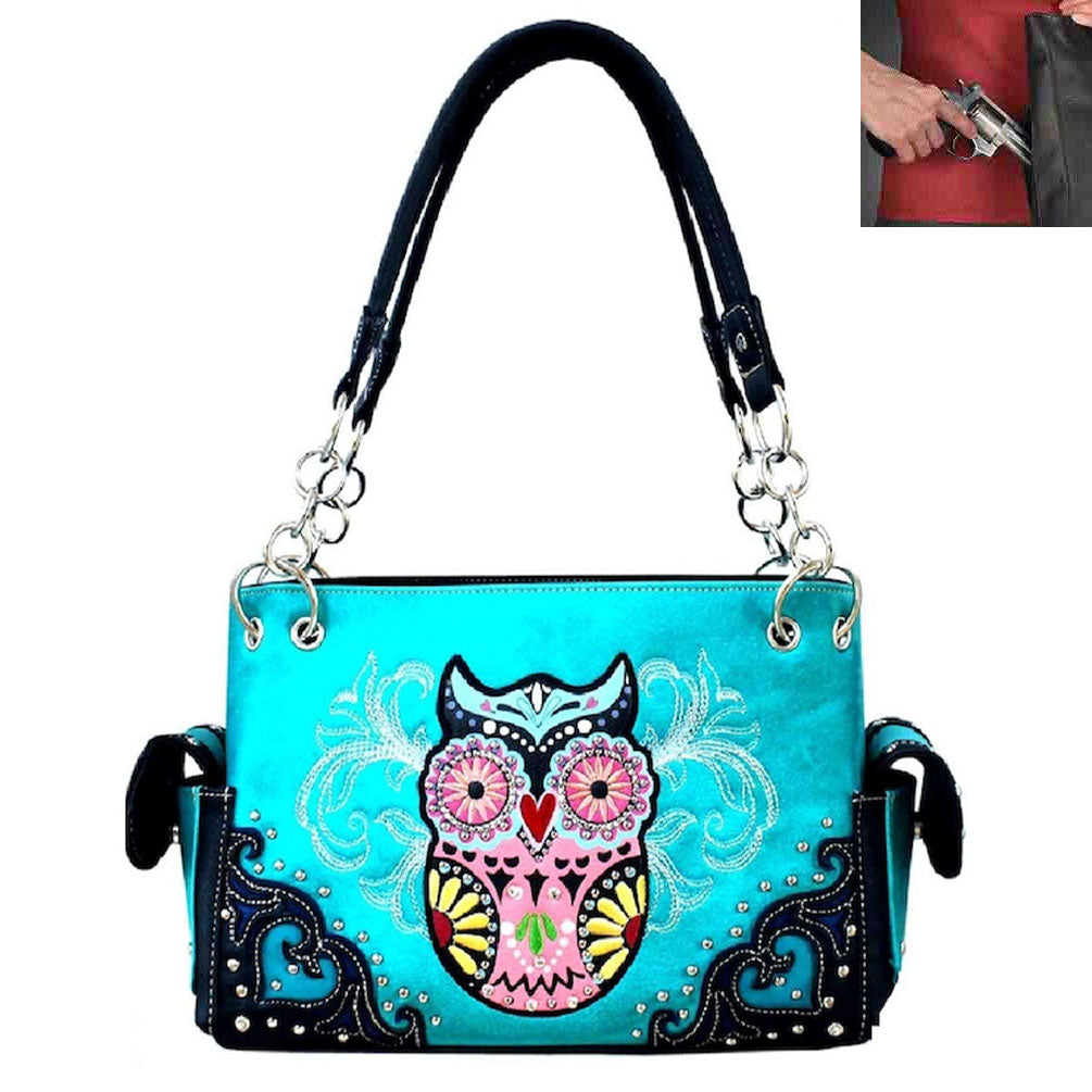 Concealed Carry Western Owl Embroidery Trifold Clutch Shoulder Bag