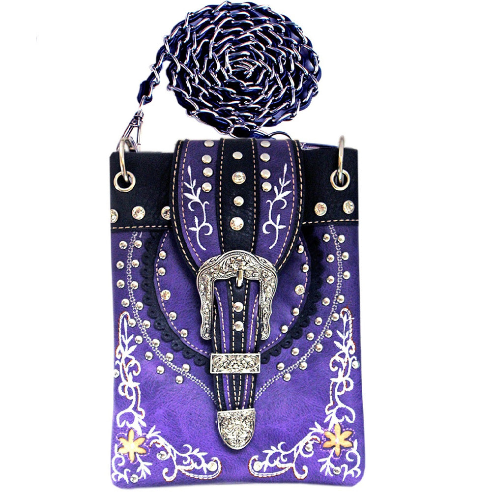 Western Buckle Studded Floral Embroidery Mini Crossbody Bag