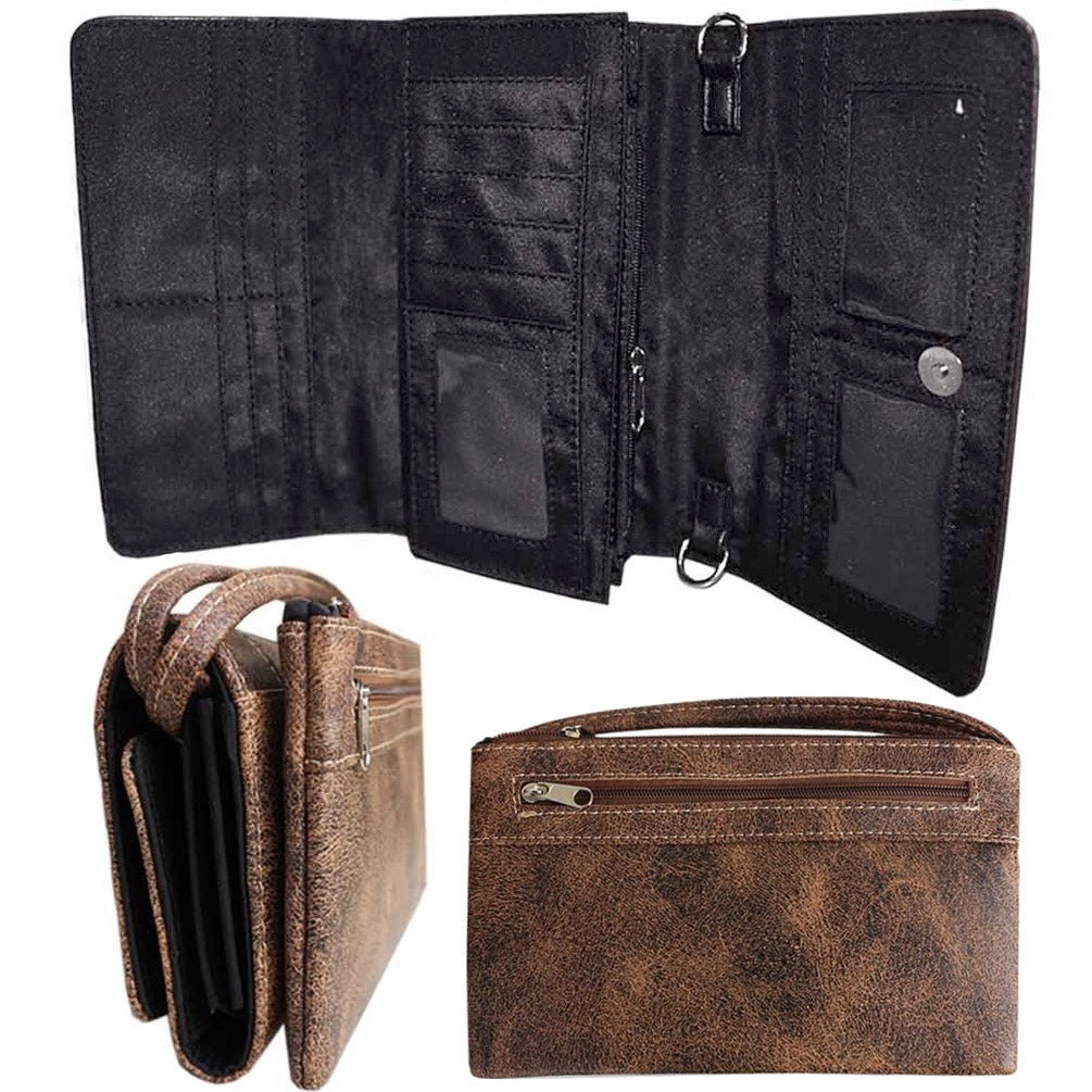 Multi Functional and Multi Pocket Western Concho Fringe Tooling Trifold  Clutch Crossbody Wallet