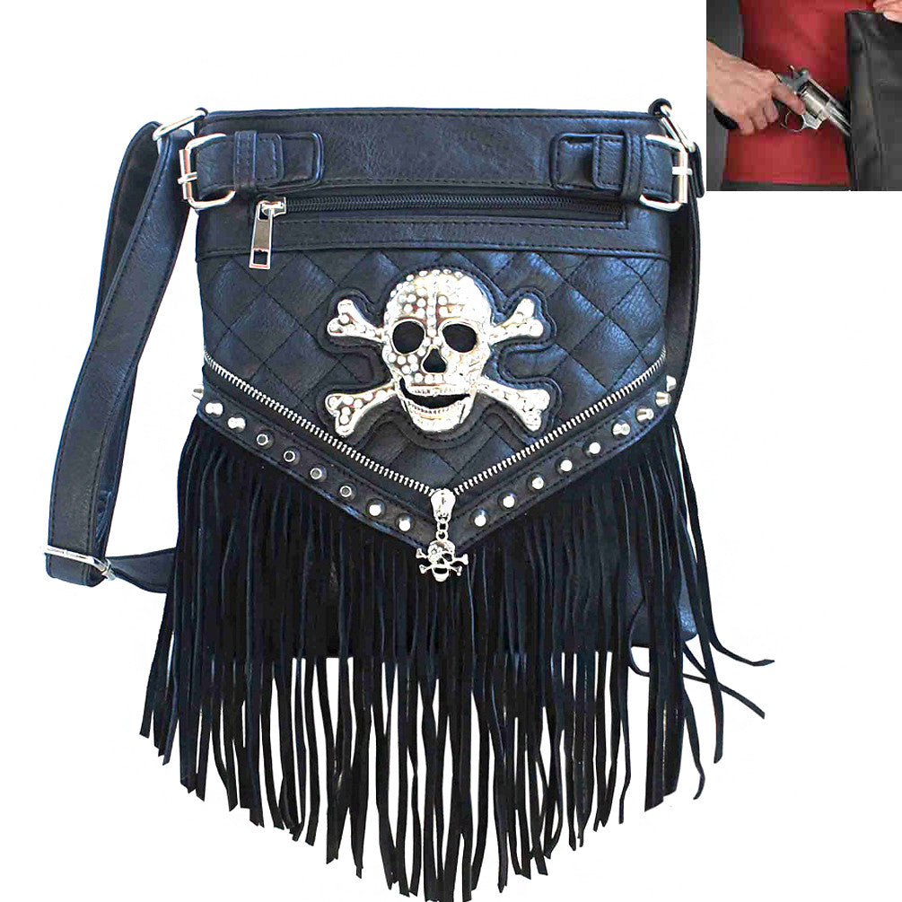 Concealed Carry Skull Fringe Concho Studded Crossbody Bag