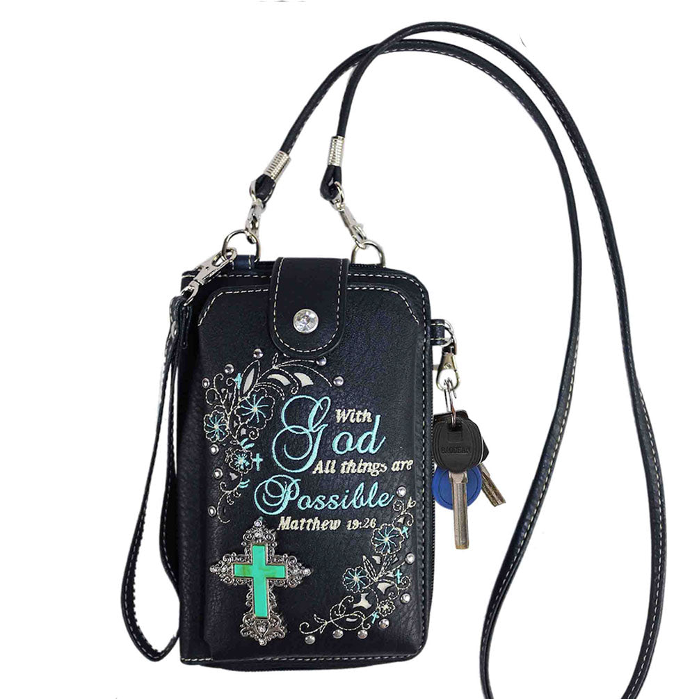 Multi Purpose Spiritual Turquoise Cross Bible Verse  Wallet with Strap