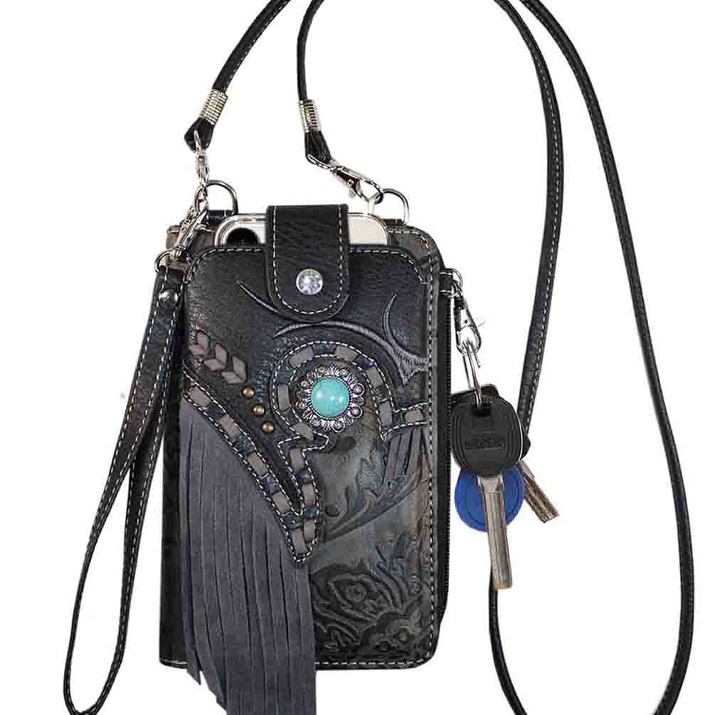 Multi Purpose Concho Fringe Tooling Western Phone Wallet with Strap