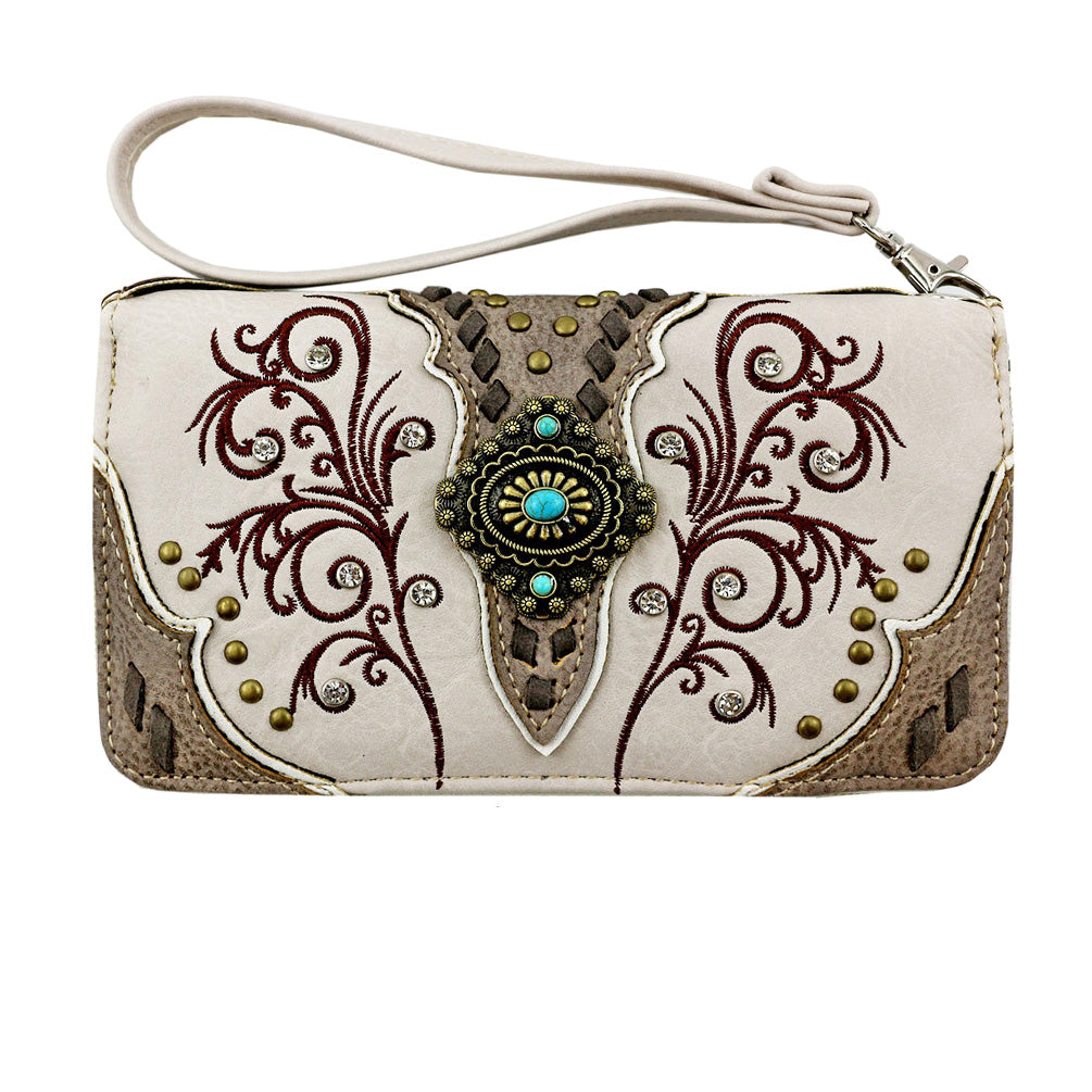 Multi Functional Western Concho Floral Embroidery Trifold Clutch Crossbody Wallet