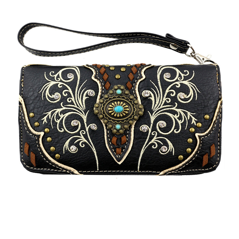 Multi Functional Western Concho Floral Embroidery Trifold Clutch Crossbody Wallet