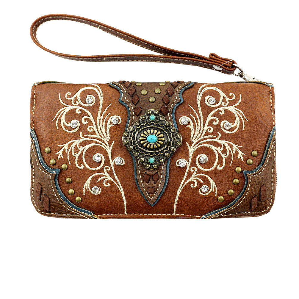 Multi Functional Western Concho Floral Embroidery Trifold Clutch Crossbody Wallet