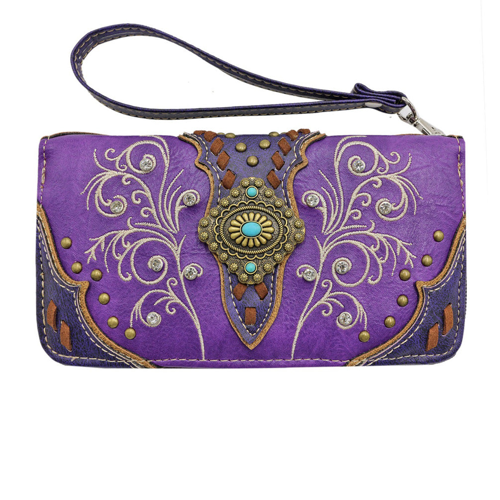 Multi Functional Western Concho Floral Embroidery Trifold Clutch Crossbody Wallet