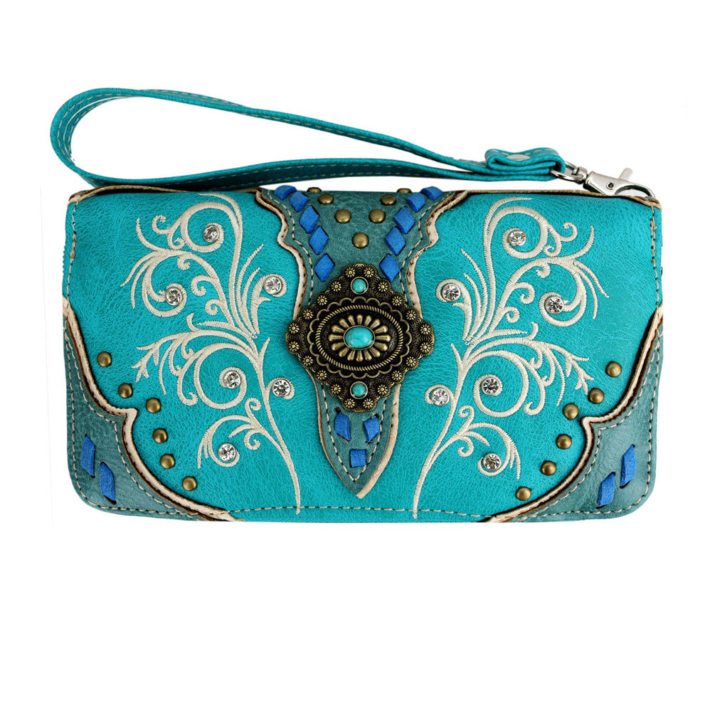 Multi Functional Western Concho Floral Embroidery Trifold Clutch Crossbody Wallet