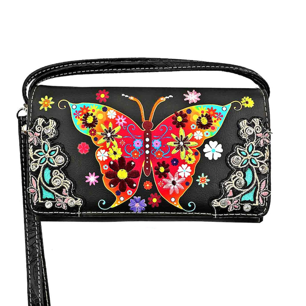 Multi Functional Butterfly Embroidery Trifold Clutch Crossbody Wallet