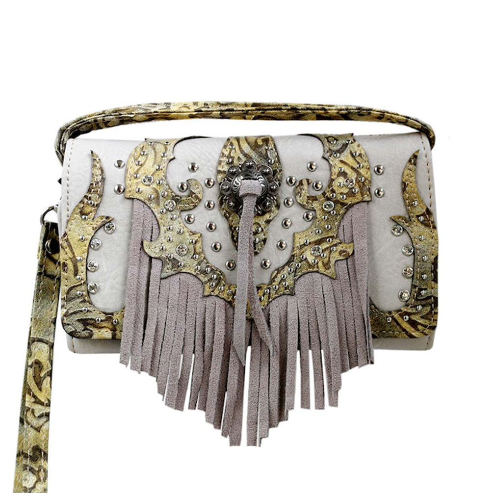 Multi Functional Western Fringe Tooling  Trifold  Clutch Crossbody Wallet