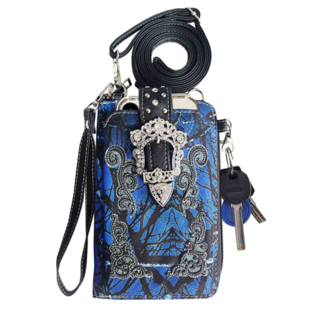 Multi Purpose Buckle Camouflage Embroidery Phone Wallet with Strap