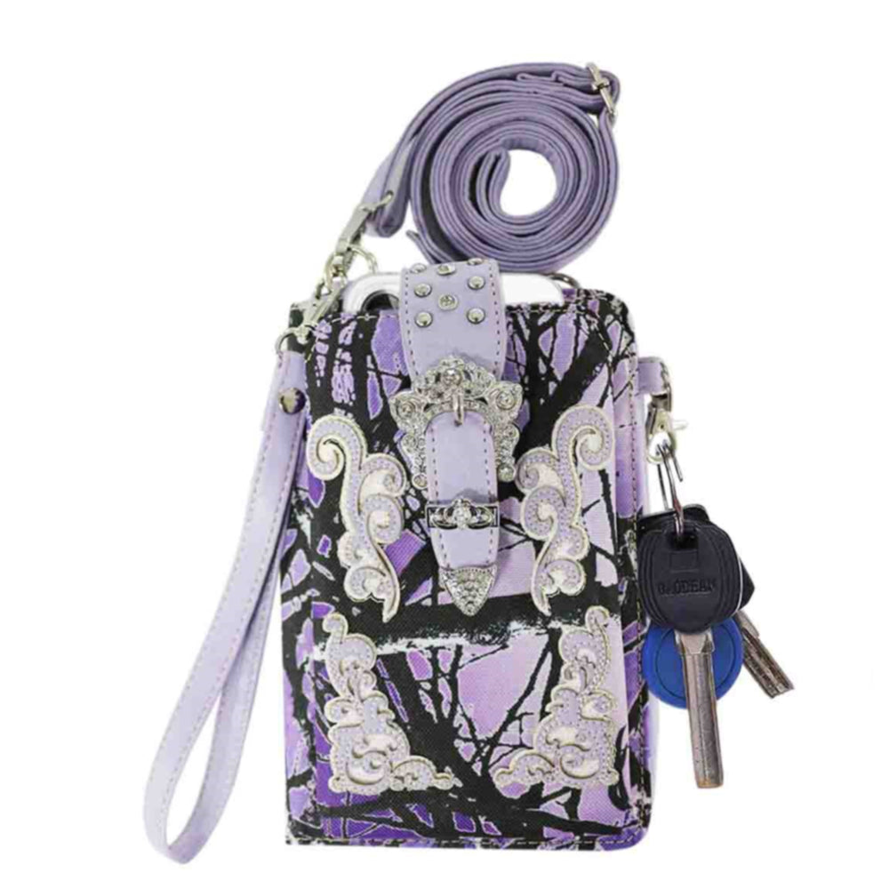 Multi Purpose Buckle Camouflage Embroidery Phone Wallet with Strap