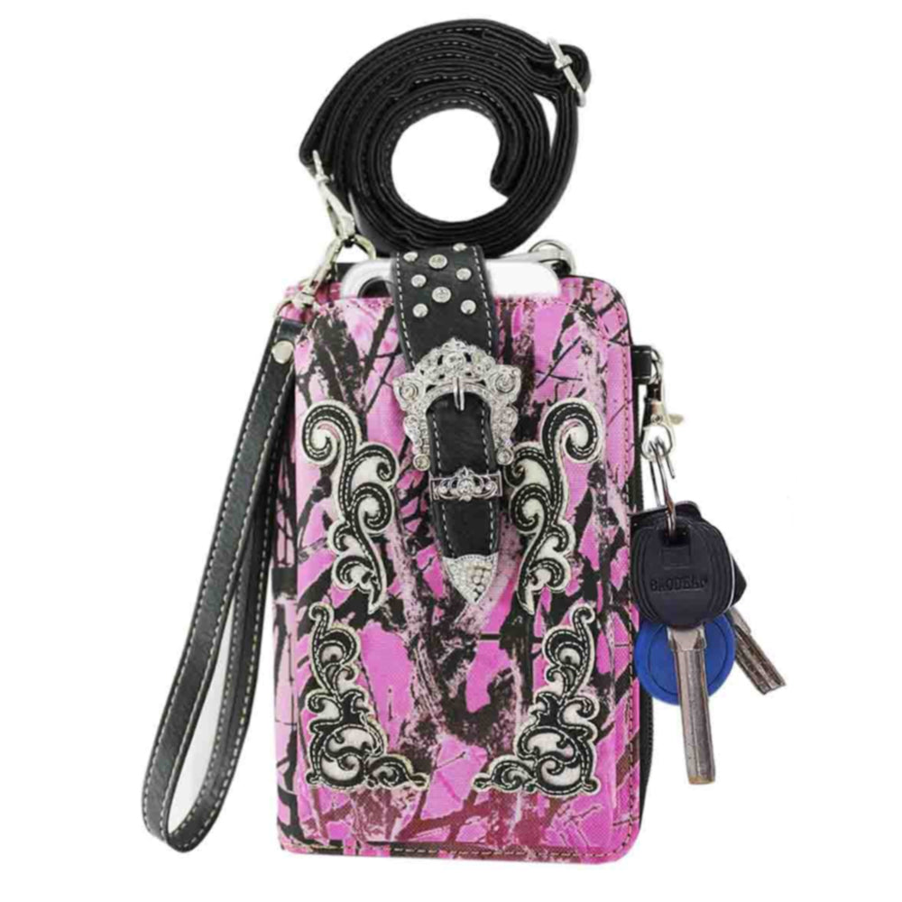 Multi Purpose Buckle Camouflage Embroidery Phone Wallet with Strap