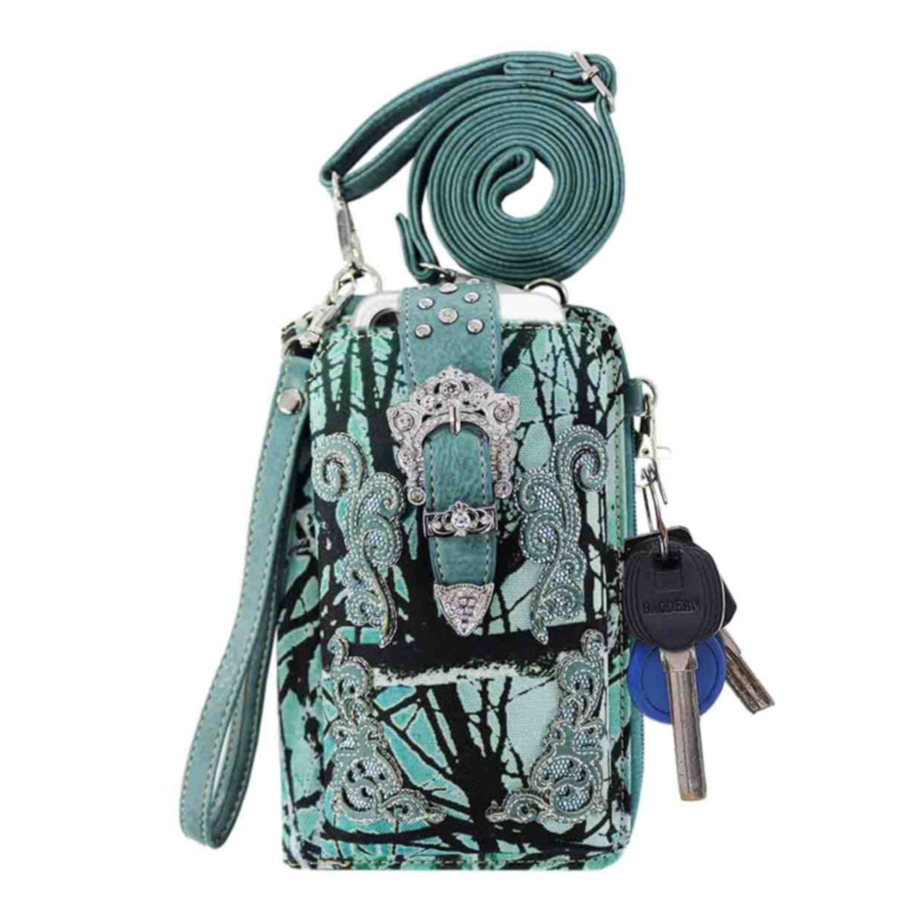 Multi Purpose Buckle Camouflage Embroidery Phone Wallet with Strap