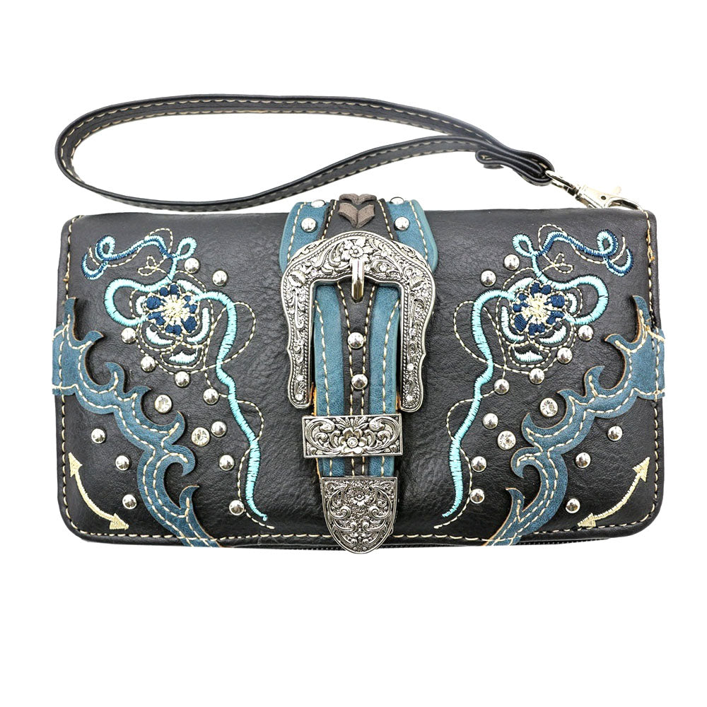 Multi Functional Western Buckle Cut Out Wing Trifold  Clutch Crossbody Wallet