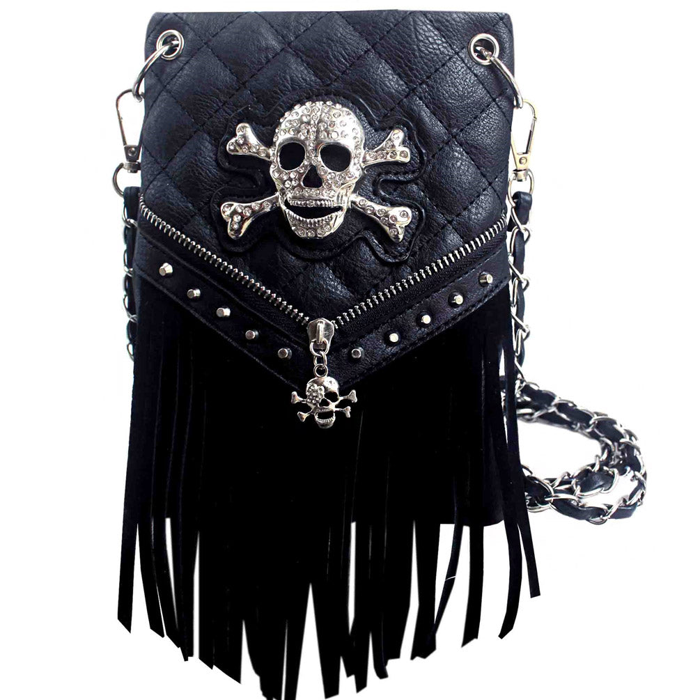 Skull Concho Fringe Quilted Mini Crossbody Bag