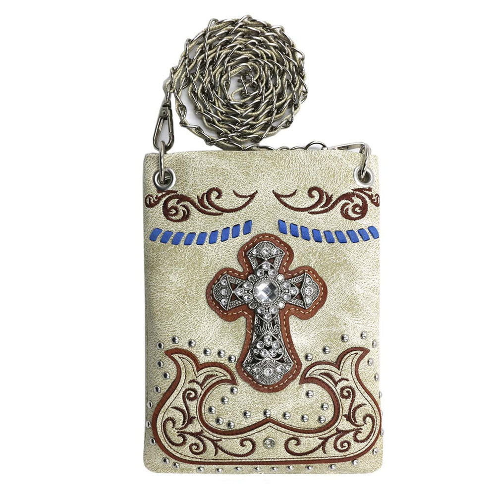 Western Concho Studded  Cross Floral Embroidery Mini Crossbody Bag