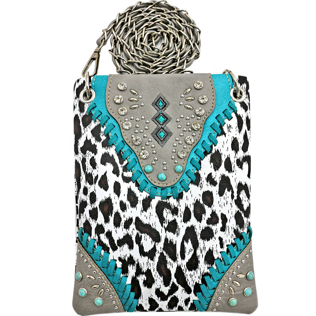 Western Turquoise Concho Leopard Print Mini Crossbody Bag