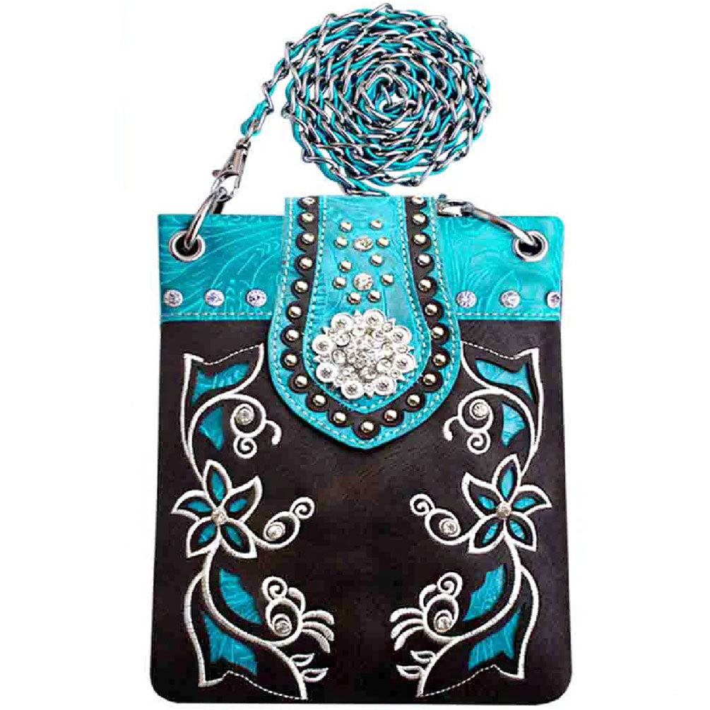 Western Concho Floral Embroidery Studded Mini Crossbody Bag