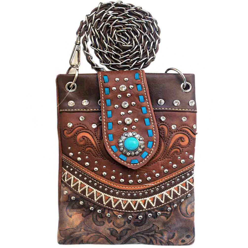 Western Concho Tooling Turquoise Stone Studded Mini Crossbody Bag