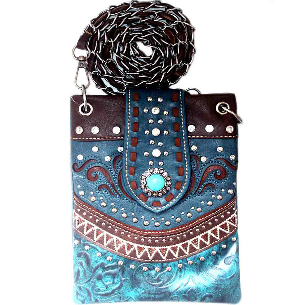 Western Concho Tooling Turquoise Stone Studded Mini Crossbody Bag