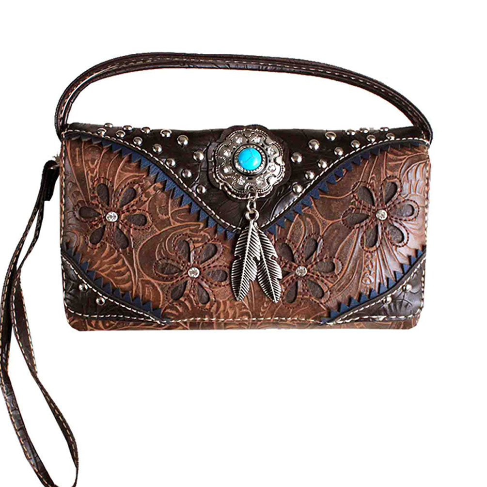 Multi Functional and Multi Pocket Western Concho Trifold  Clutch Crossbody Wallet