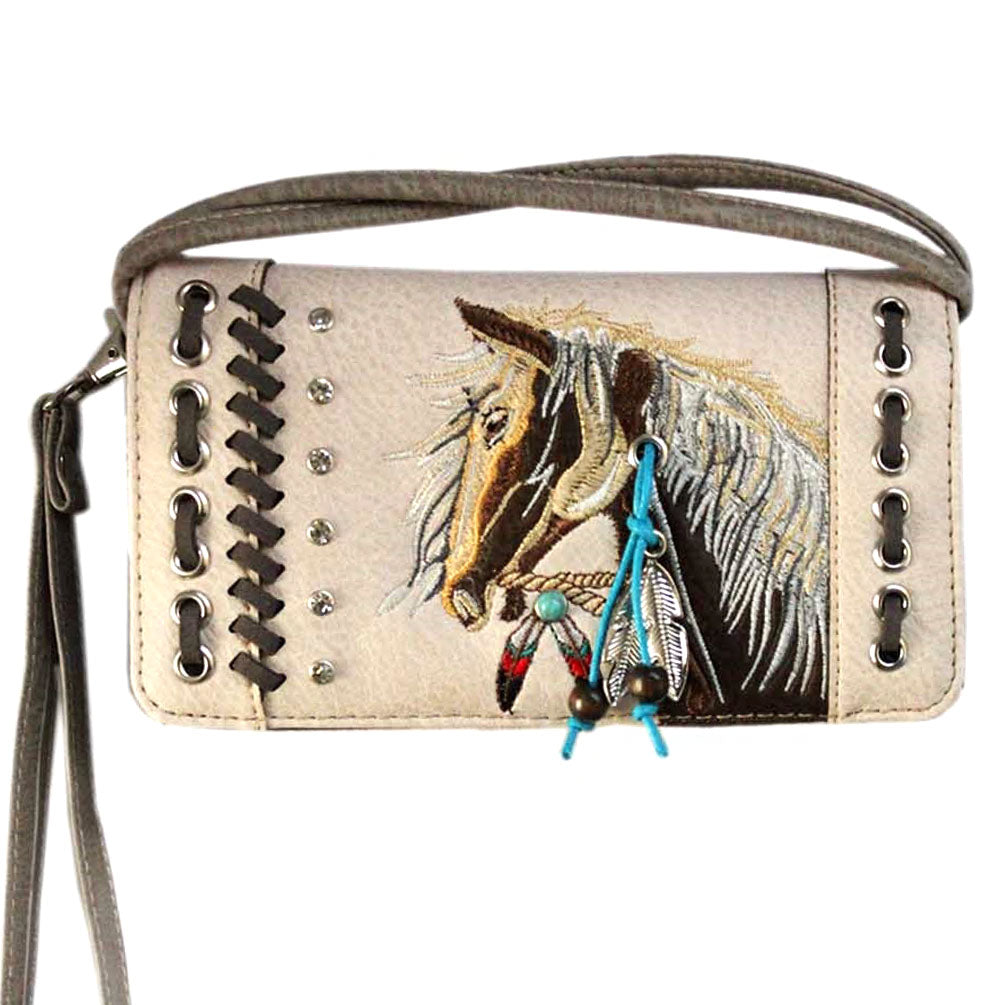 Multi Functional and Multi Pocket Horse Embroidery Trifold  Clutch Crossbody Wallet