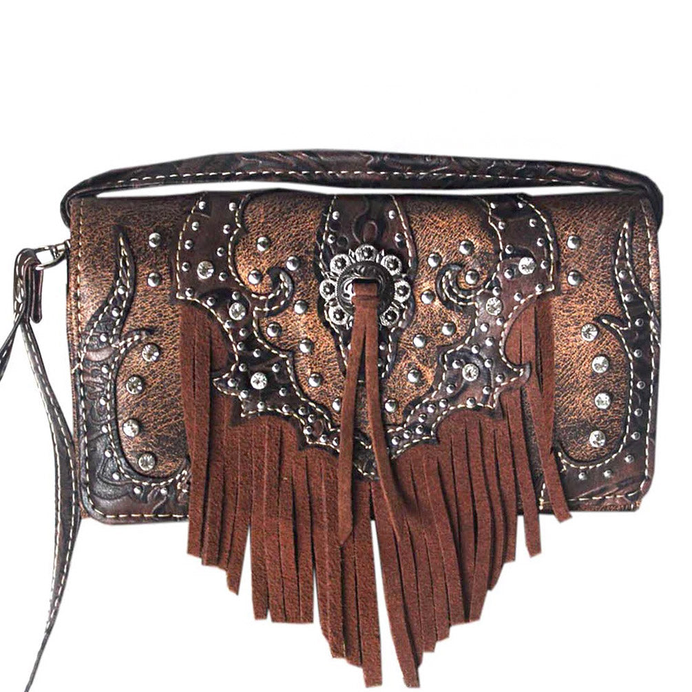 Multi Functional and Multi Pocket Western Concho Fringe Tooling Trifold  Clutch Crossbody Wallet