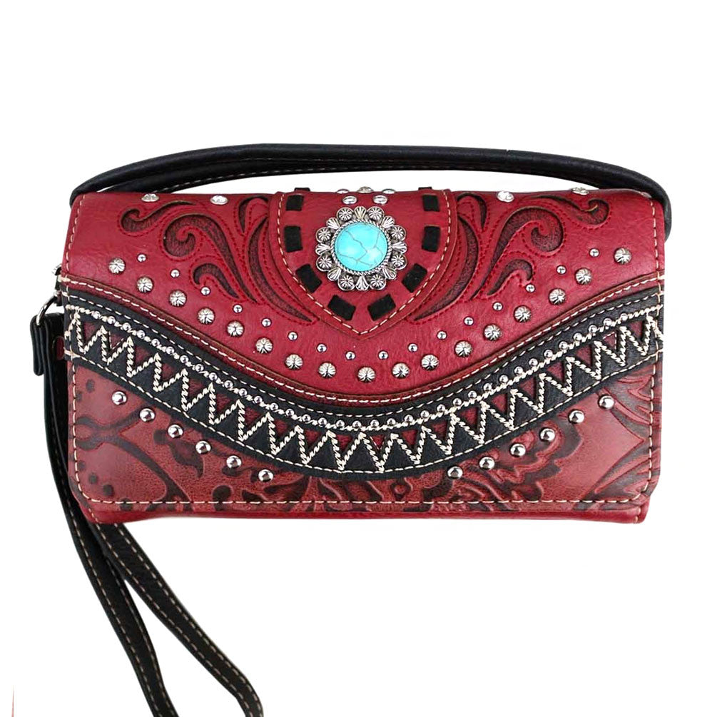 Multi Functional and Multi Pocket Western Concho Trifold  Clutch Crossbody Wallet