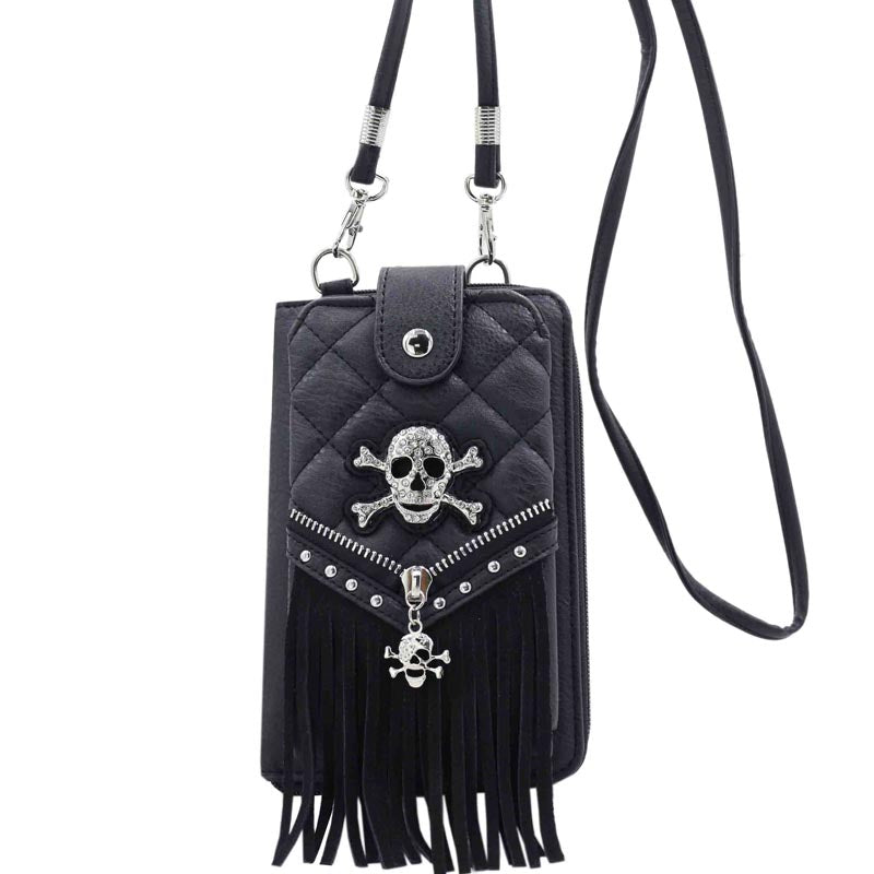 Multi Purpose Western Skull Fringe Studded Phone Wallet with Strap