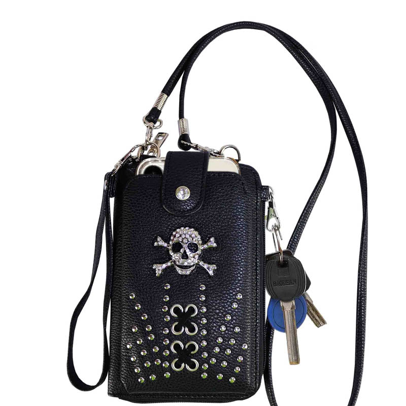 Multi Purpose Western Skull Studded Phone Wallet with Strap