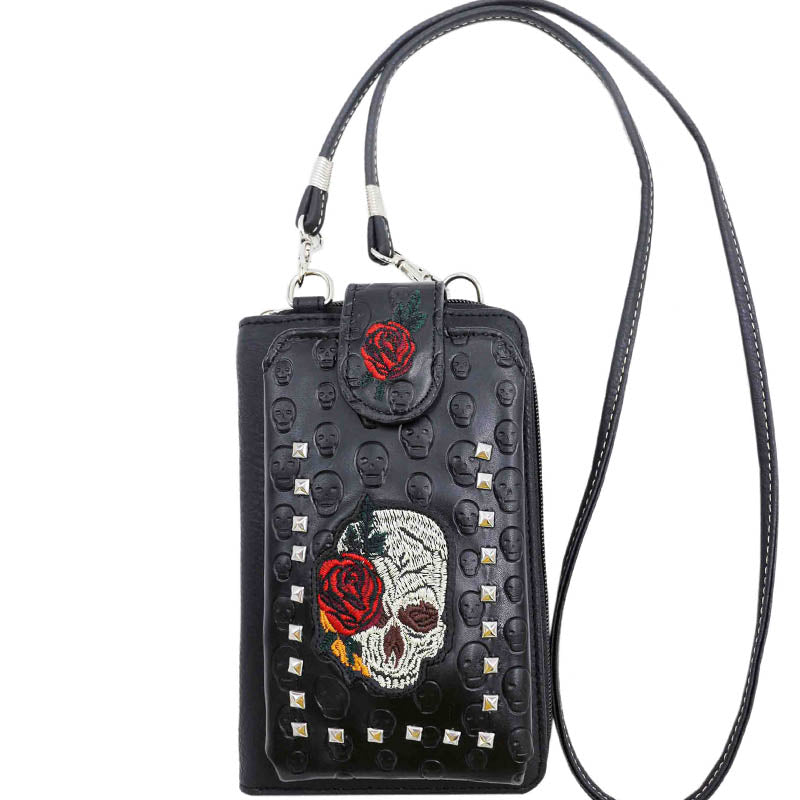 Multi Purpose Western Skull Embroidery Phone Wallet with Strap