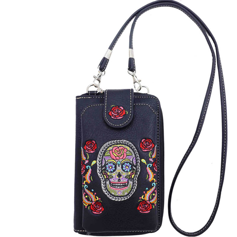 Multi Purpose Western Sugar Skull Embroidery Phone Wallet with Strap