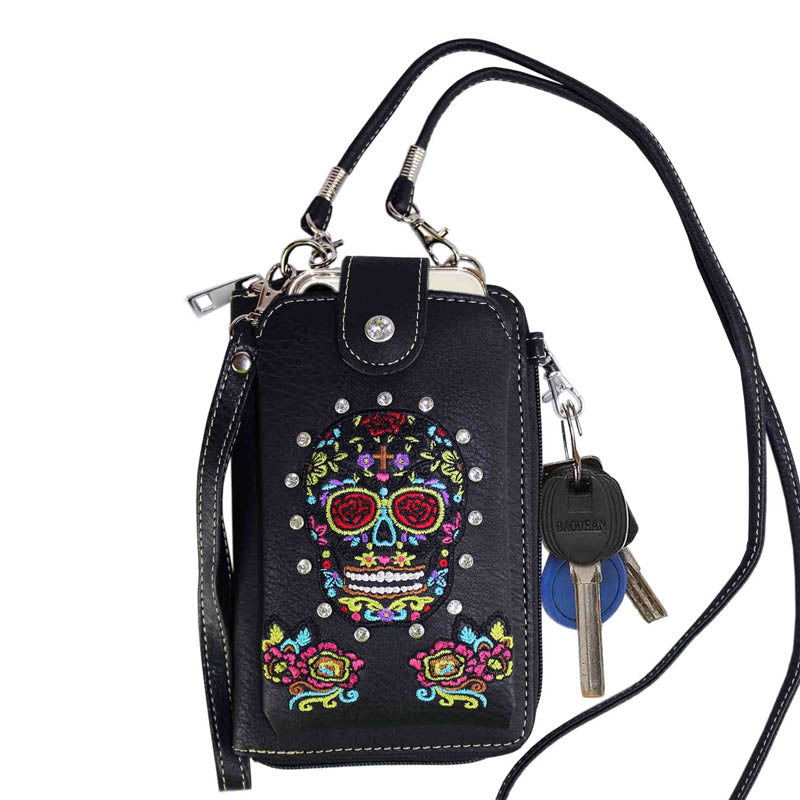 Multi Purpose Western Sugar Skull Embroidery Phone Wallet with Strap