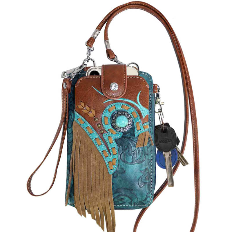 Multi Purpose Concho Fringe Tooling Western Phone Wallet with Strap