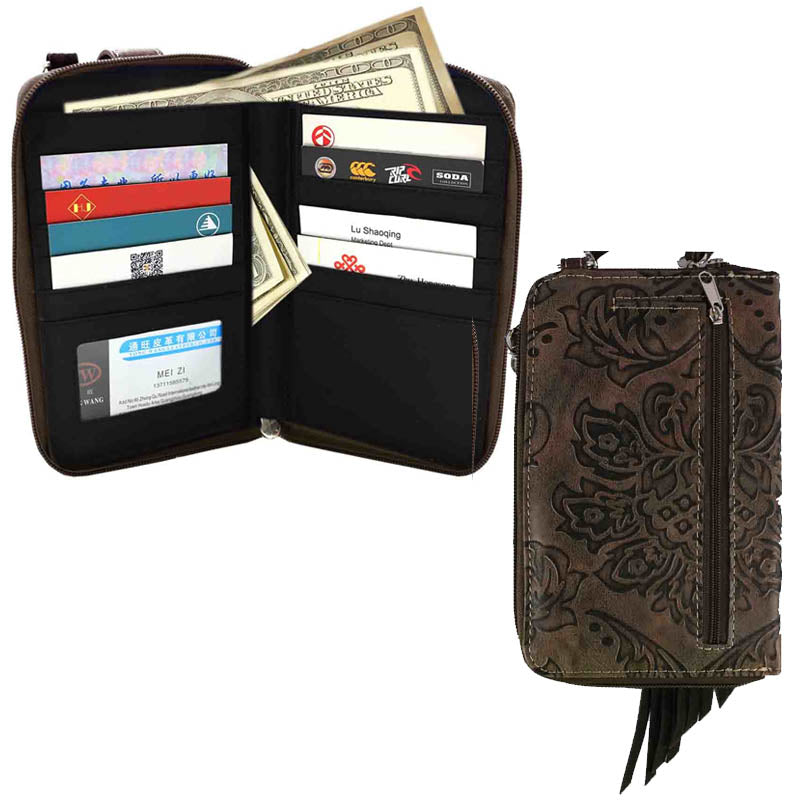 Multi Purpose Concho Fringe Tooling Western Phone Wallet with Strap