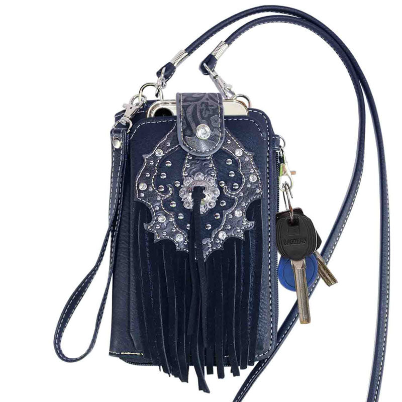 Multi Purpose Western Fringe Studded Phone Wallet with Strap