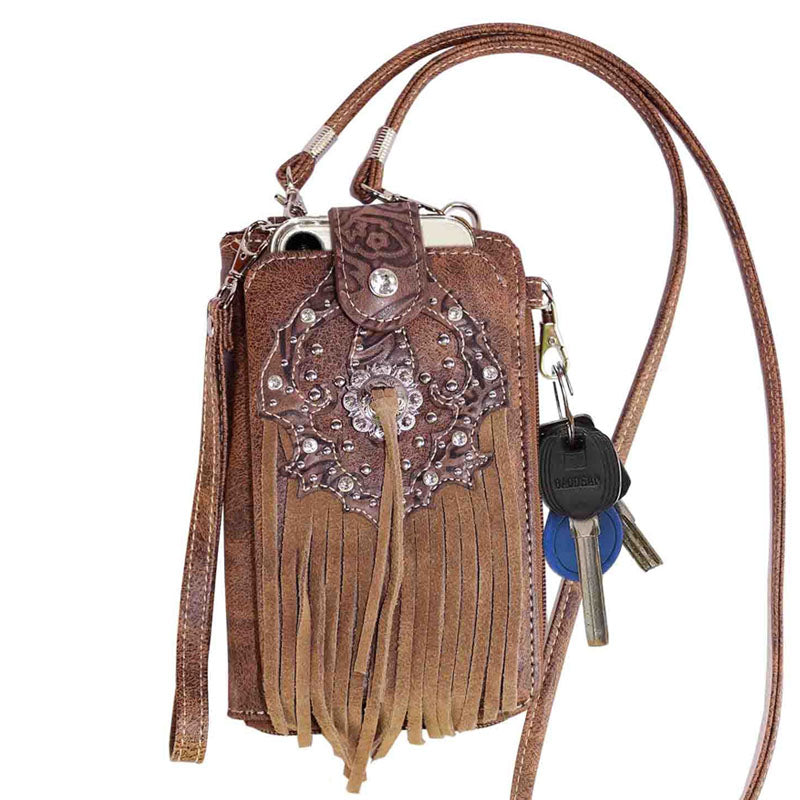 Multi Purpose Western Fringe Studded Phone Wallet with Strap