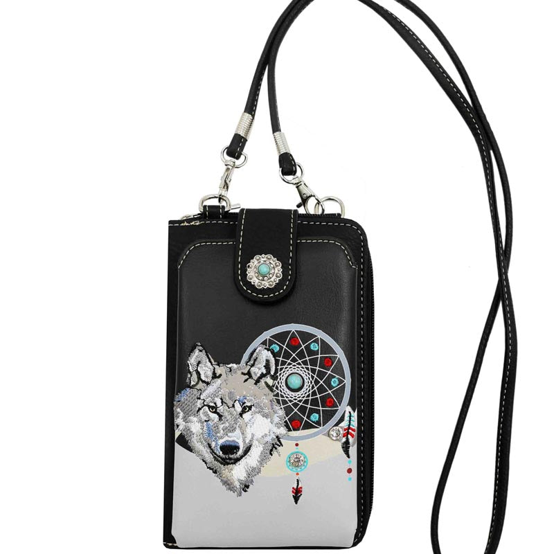 Multi Purpose Woolf Dream Catcher Embroidery Phone Wallet with Strap