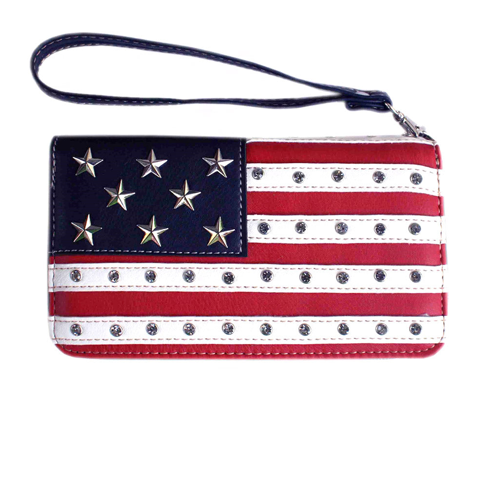 Multi Functional U.S. Flag Patriotic Rhinestone Studded Wallet