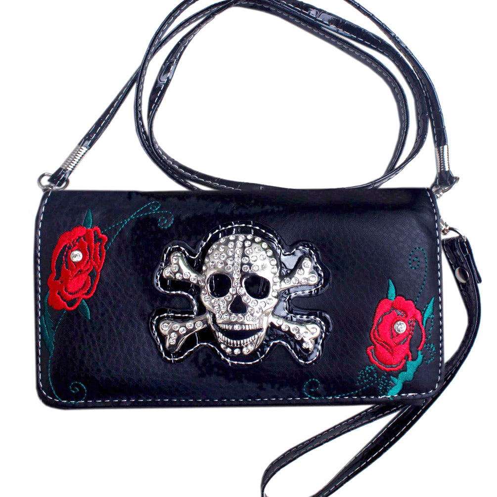 Multi Functional Rose Embroidery Skull Trifold Clutch Crossbody Wallet