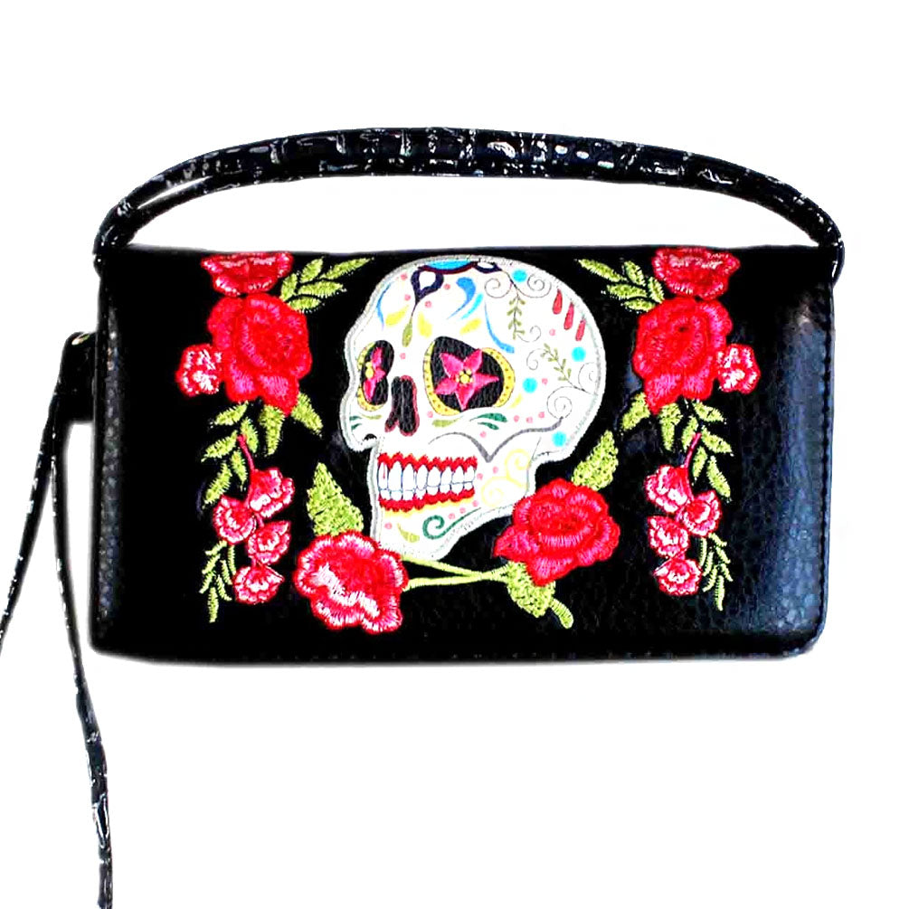 Multi Functional Sugar Skull Rose Embroidery Trifold Clutch Crossbody Wallet