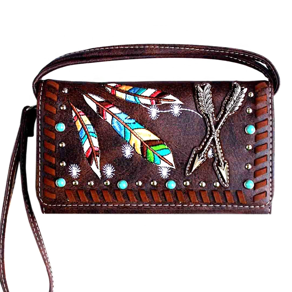 Multi Functional Native American Feather Embroidery Trifold Clutch Crossbody Wallet