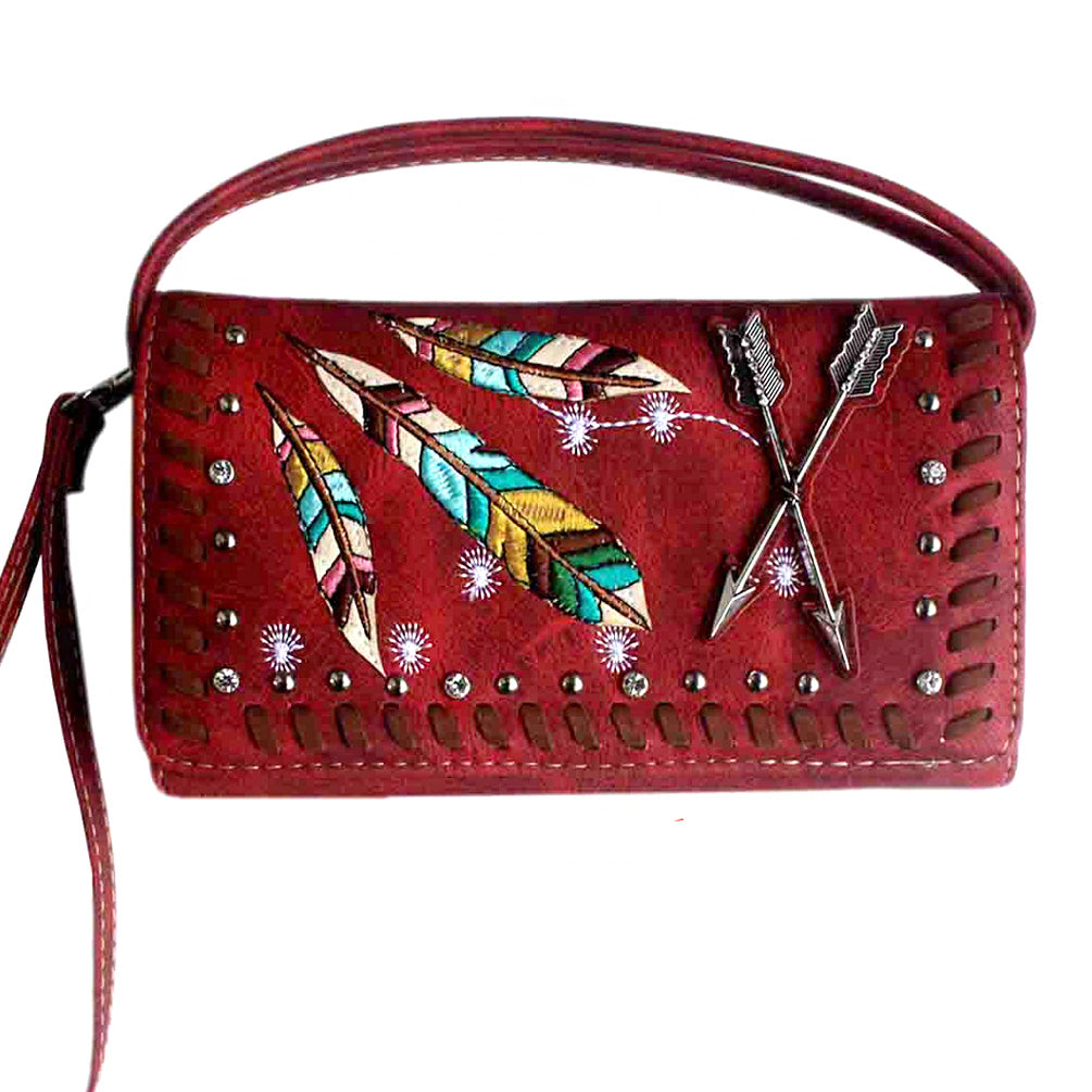 Multi Functional Native American Feather Embroidery Trifold Clutch Crossbody Wallet