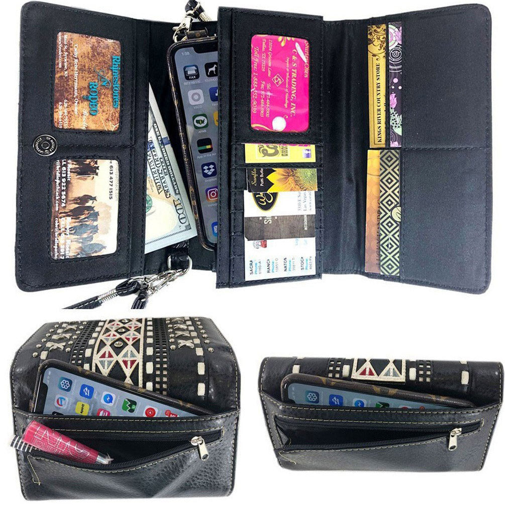 Multi Functional Sugar Skull Rose Embroidery Trifold Clutch Crossbody Wallet