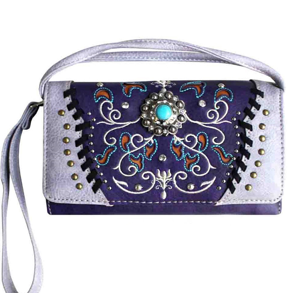 Multi Functional Western Concho Embroidery Trifold  Clutch Crossbody Wallet
