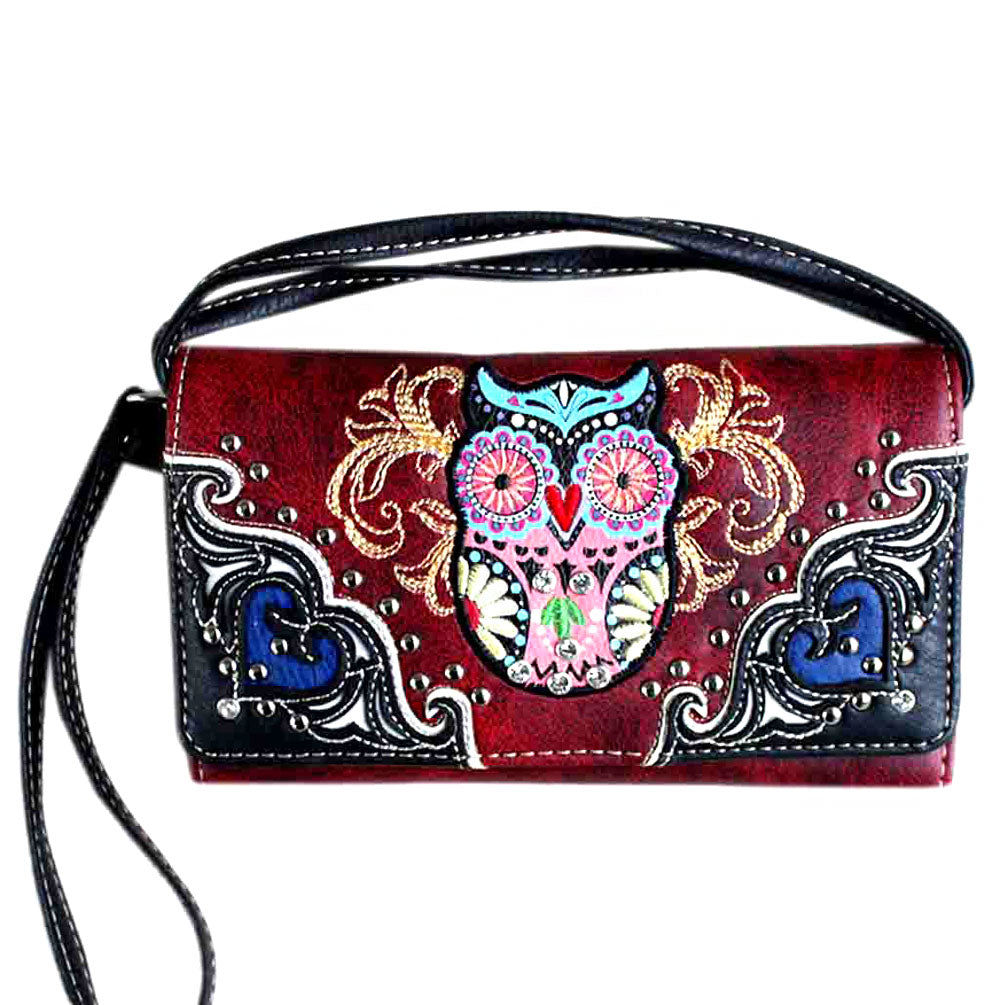 Multi Functional Western Owl Embroidery Trifold Clutch Crossbody Wallet