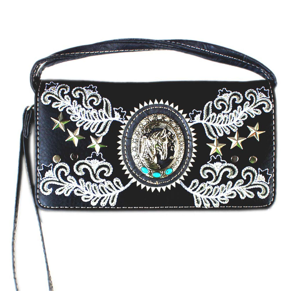 Multi Functional Western Concho Embroidery Horse Trifold  Clutch Crossbody Wallet