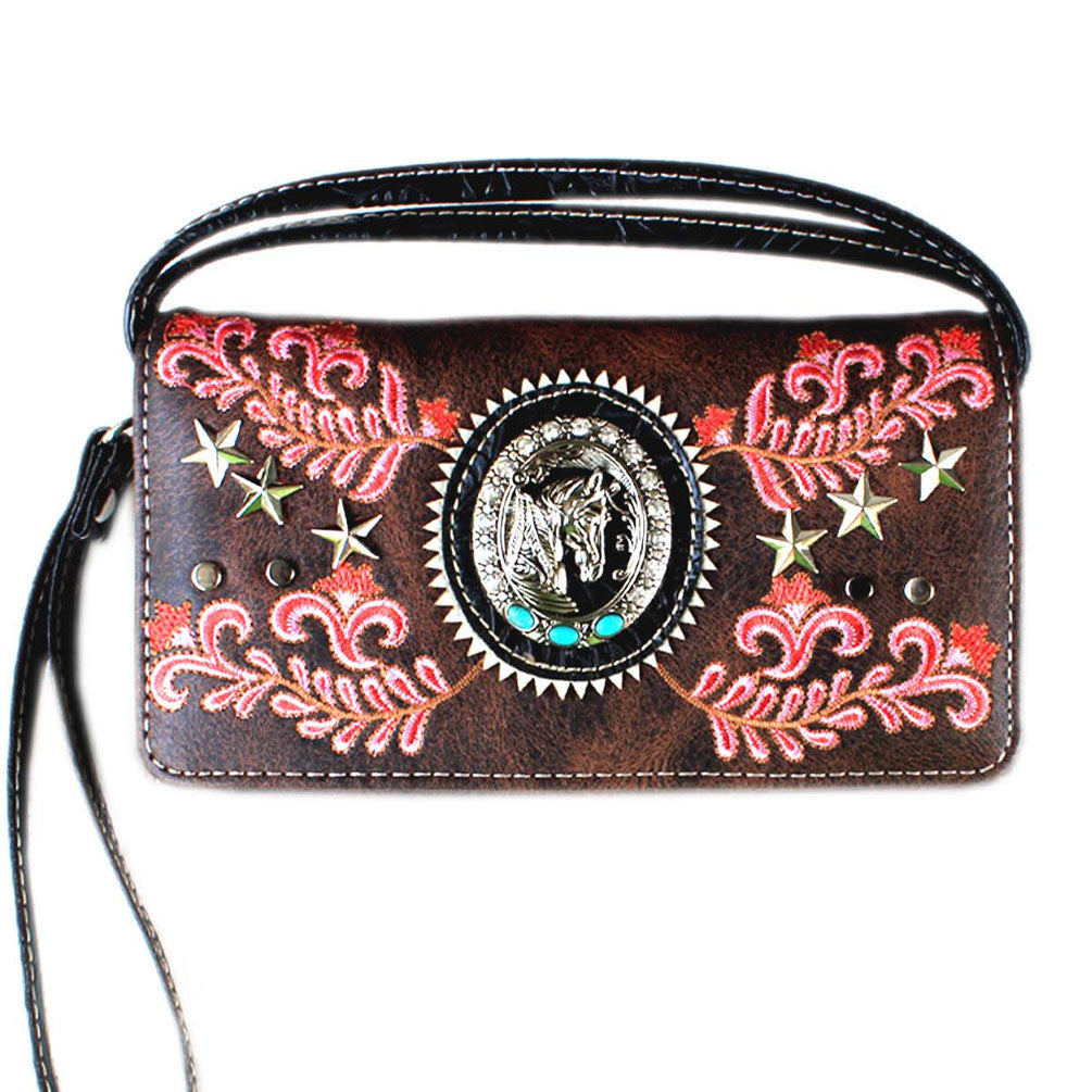 Multi Functional Western Concho Embroidery Horse Trifold  Clutch Crossbody Wallet