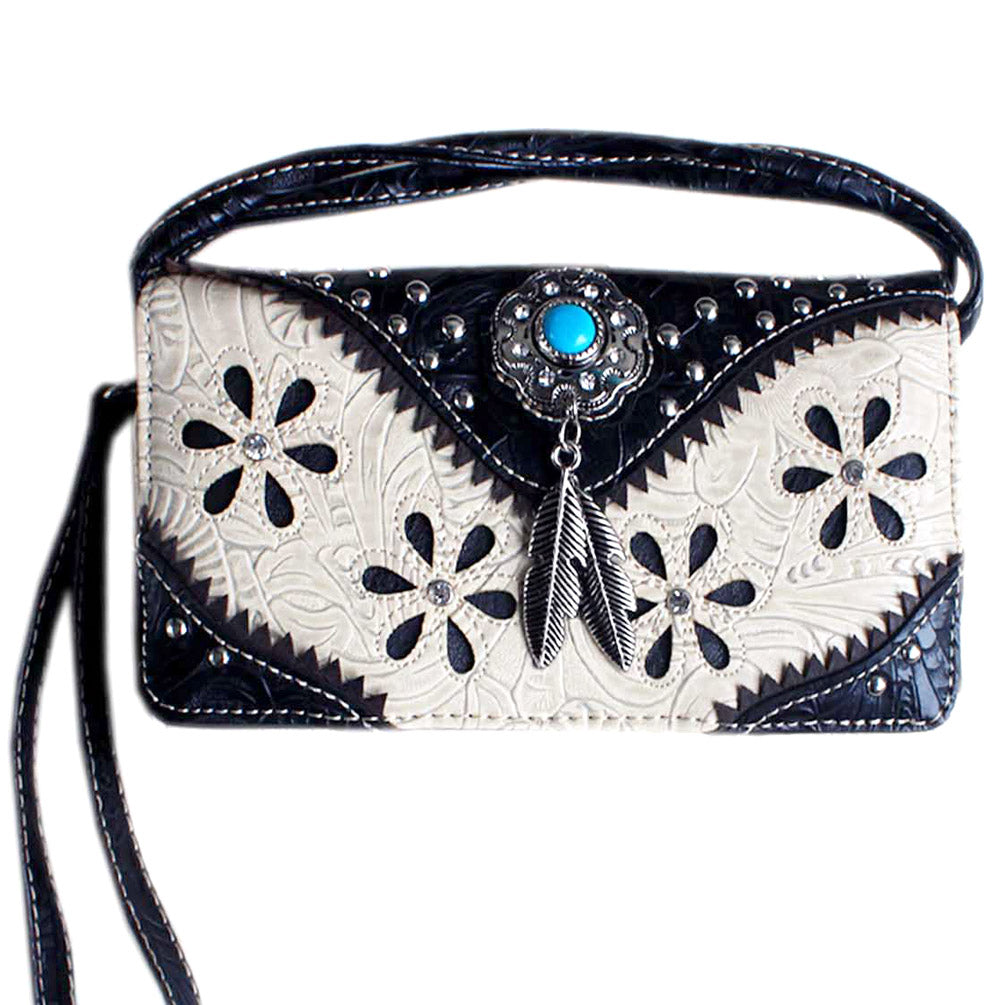 Multi Functional Western Concho Cut Out Trifold Clutch Crossbody Wallet